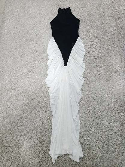 Patchwork Sleeveless Split Maxi Dress Women Fashion Contrast Color Halter Backless Ruched Bodycon Club Party Long Dress New