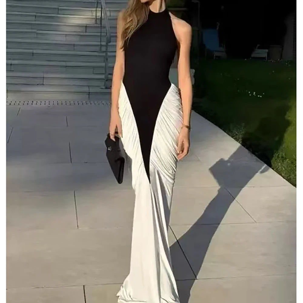 Patchwork Sleeveless Split Maxi Dress Women Fashion Contrast Color Halter Backless Ruched Bodycon Club Party Long Dress New