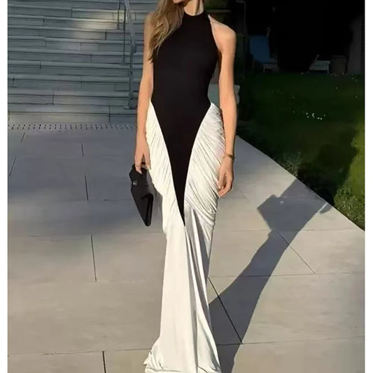 Patchwork Sleeveless Split Maxi Dress Women Fashion Contrast Color Halter Backless Ruched Bodycon Club Party Long Dress New