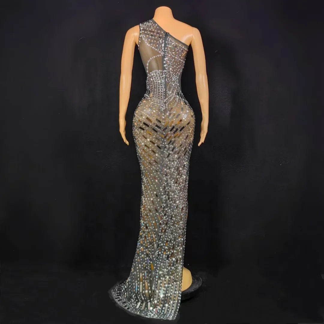 Elegant One Shoulder Rhinestone Sequins Ball Gown Ladies Dinner Banquet Party Long Dress Women Sexy High Slit Prom Evening Dress
