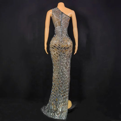 Elegant One Shoulder Rhinestone Sequins Ball Gown Ladies Dinner Banquet Party Long Dress Women Sexy High Slit Prom Evening Dress