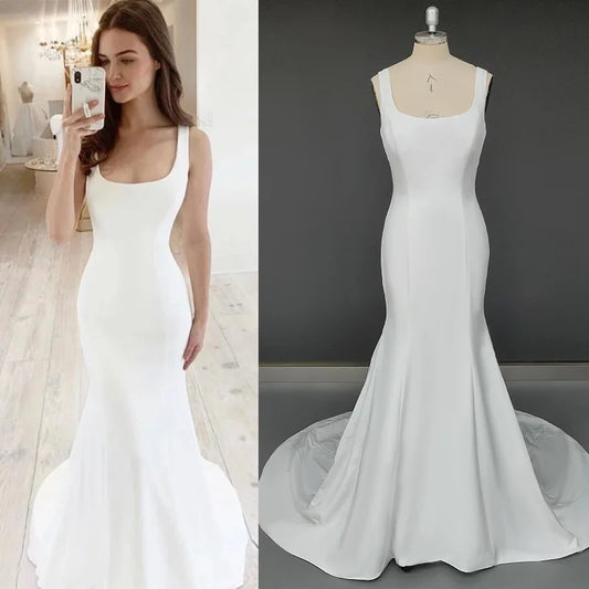 11896# Bohemian Sleeveless Wedding Dress Square Neckline Sweep Train Soft Satin Backless Simple Wedding Dress Bridal Gown
