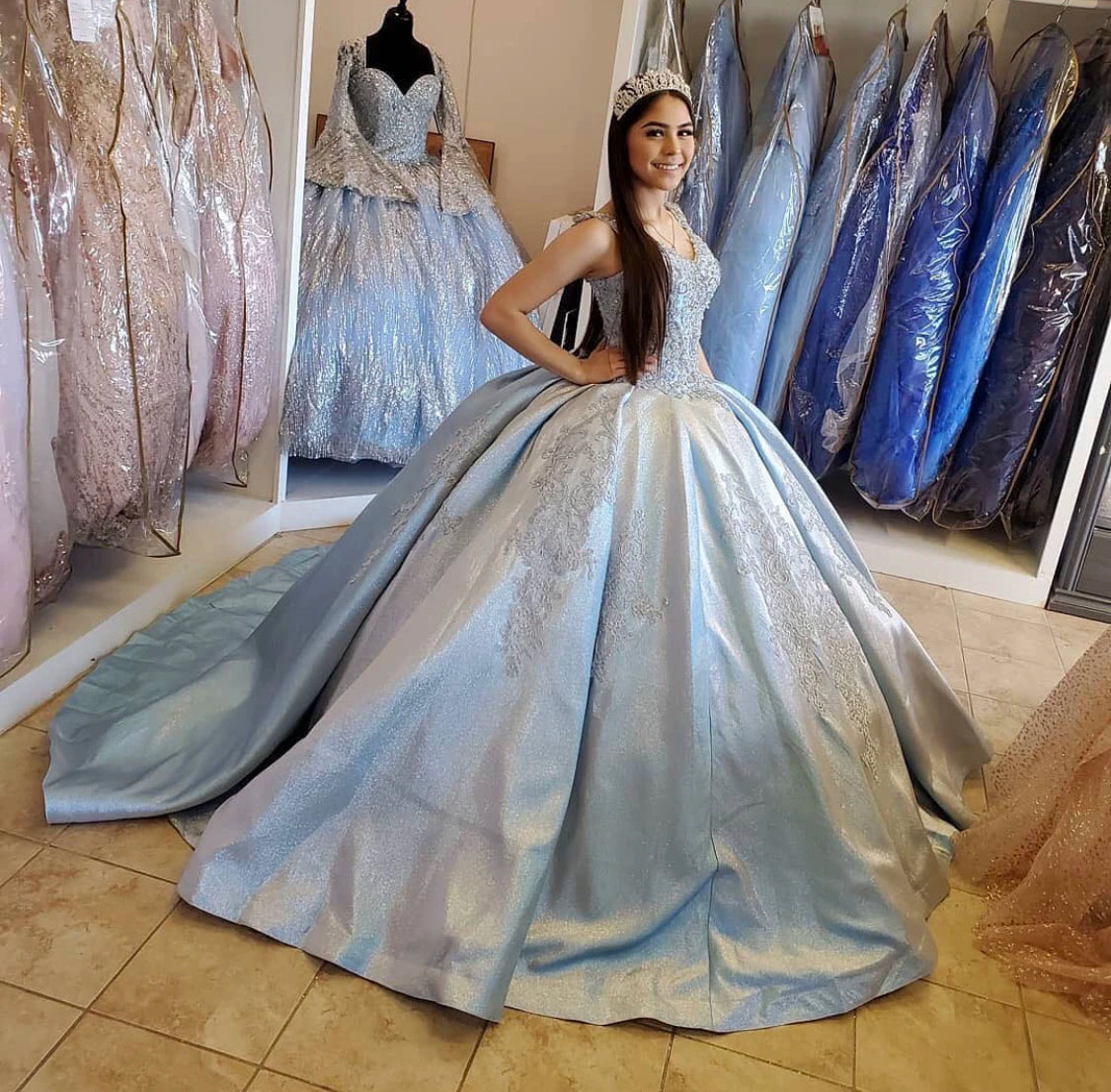 QD1522 Light Blue Quinceanera Dress 2022 V-Neck Sequins Beads Lace Backless Party Princess Sweet 16 Ball Gown