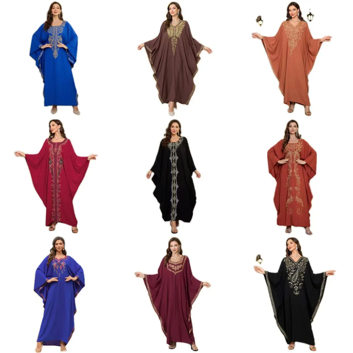 Beach Abaya in Rayon with Gold Embroidery and Batwing Sleeves for Vacation Available on for (24 Colors) L4125