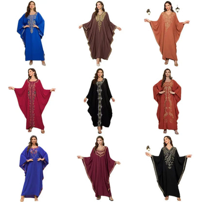 Beach Abaya in Rayon with Gold Embroidery and Batwing Sleeves for Vacation Available on for (24 Colors) L4125