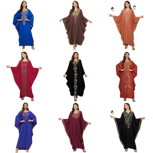 Beach Abaya in Rayon with Gold Embroidery and Batwing Sleeves for Vacation Available on for (24 Colors) L4125