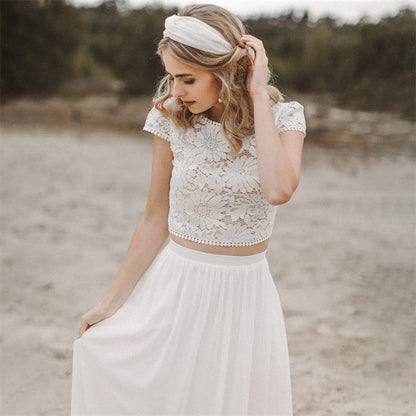 12178# Real Photos Two Piece Appliques Lace Soft Chiffon Wedding Dress for Engagement Backless Sweep Train Bridal Gown