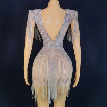 Sexy Rhinestone Tassel Prom Gown Backless Birthday Wedding Formal Dress Women Mini Party Club Dress Bodycon Evening Dress