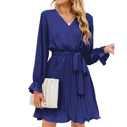 Elegant Casual V-Neck Pleated Mini Dress with Belt Women's Long Sleeve Fashion Dress Solid Pattern Natural Waistline