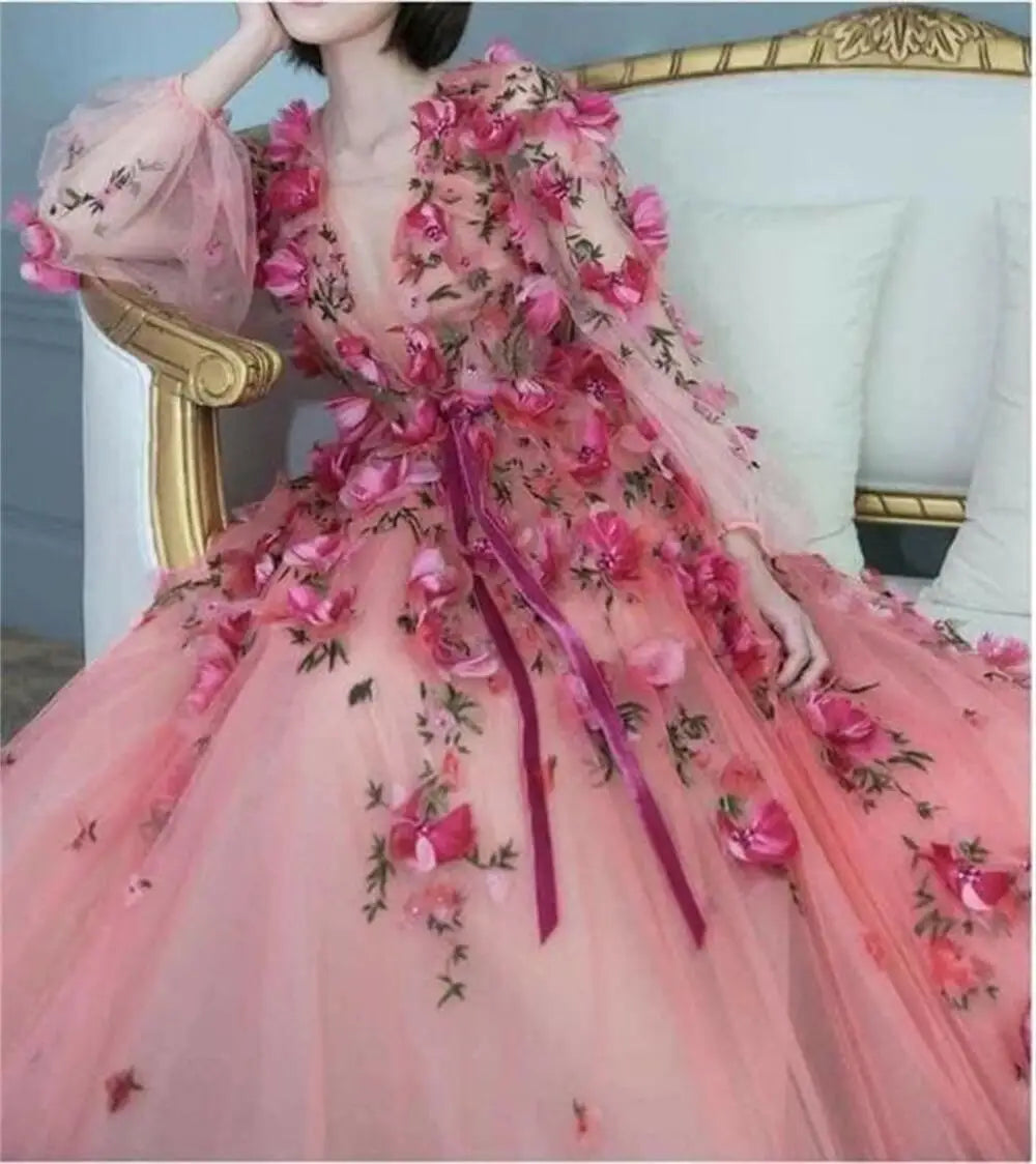 14252# Real Photos Romantic Long Sleeves V Neck 3D Flowers Tulle A-line Prom Evening Dress Wedding Party Gown for Women