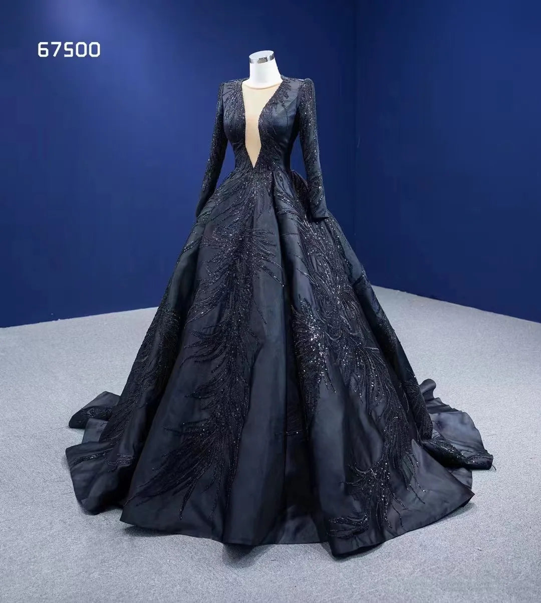 Wholesale Feishiluo Luxury Bead Wedding Dress Gowns Black Bridal Long Sleeves Dress