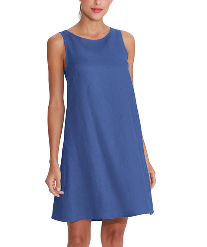 100% Linen O-Neck A-line Casual Sleeveless Loose Pockets Dress for Women