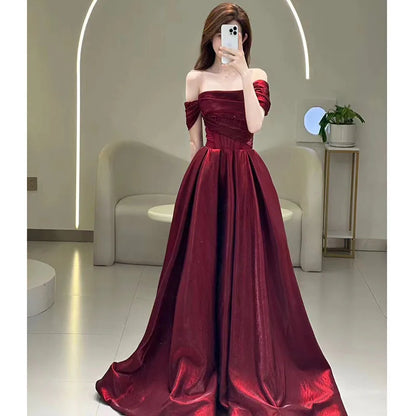 Summer New Red Satin High Quality Silky One Shoulder Sexy Simple Waist Elegant Wedding Dress