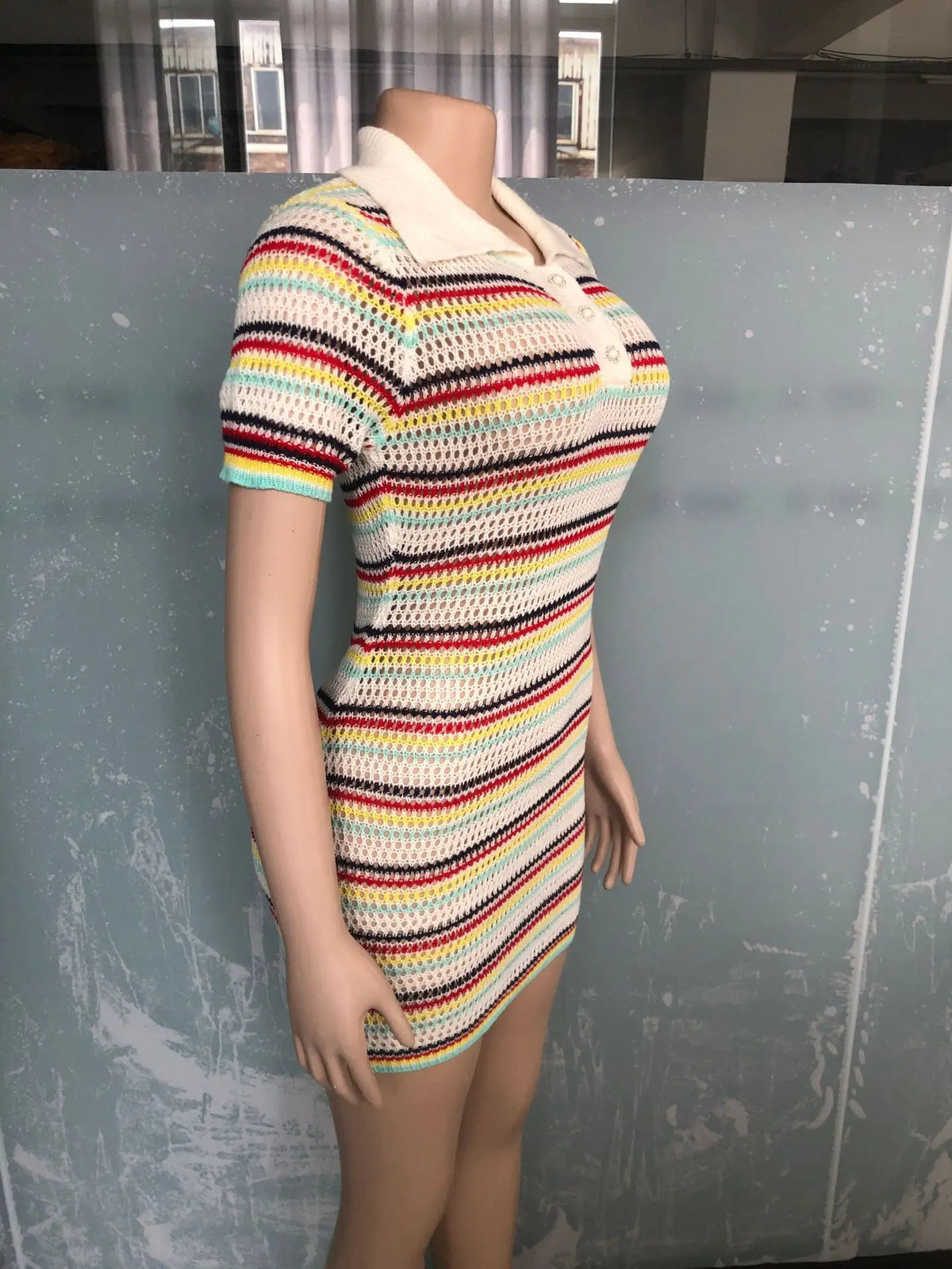 AJ4450 Winter A-Line Casual Women's Woolen Neck Knitted Slim-fit Short Sleeve Striped Button Polo Neck Dress