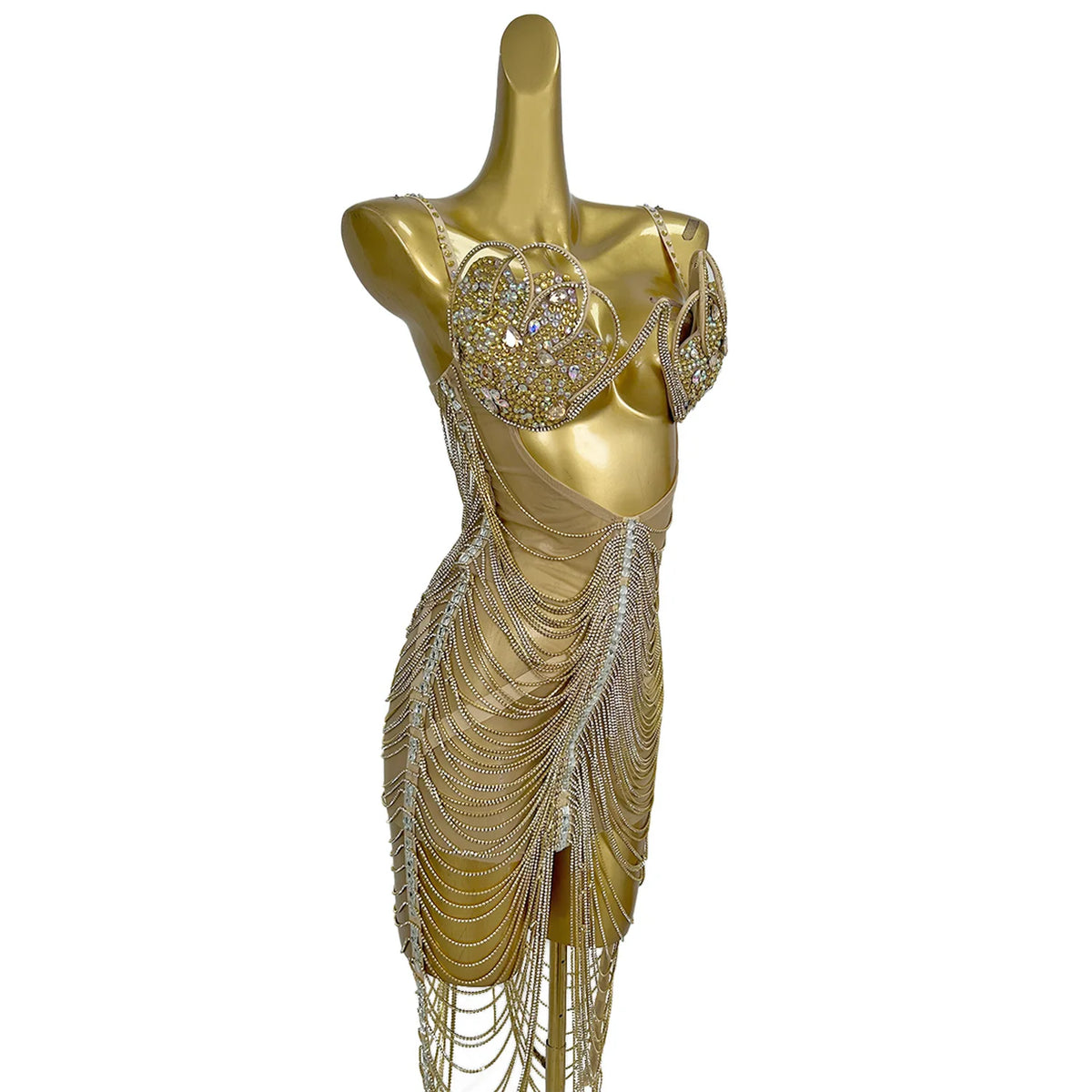 Luxury Halter Backless Gold Rhinestones Tassel Bra Prom Dress Sexy Hollow Out Exotic Stripper Dancewear Women Club Party Dresses