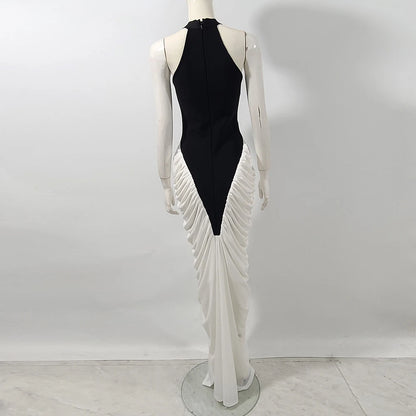 Patchwork Sleeveless Split Maxi Dress Women Fashion Contrast Color Halter Backless Ruched Bodycon Club Party Long Dress New