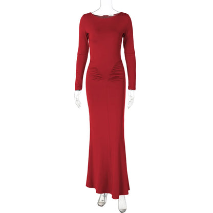 Hot Sale 2025 Summer Slim Fit Long Sleeve Dress Women Casual Round Neck Ruffles Dress Wholesale
