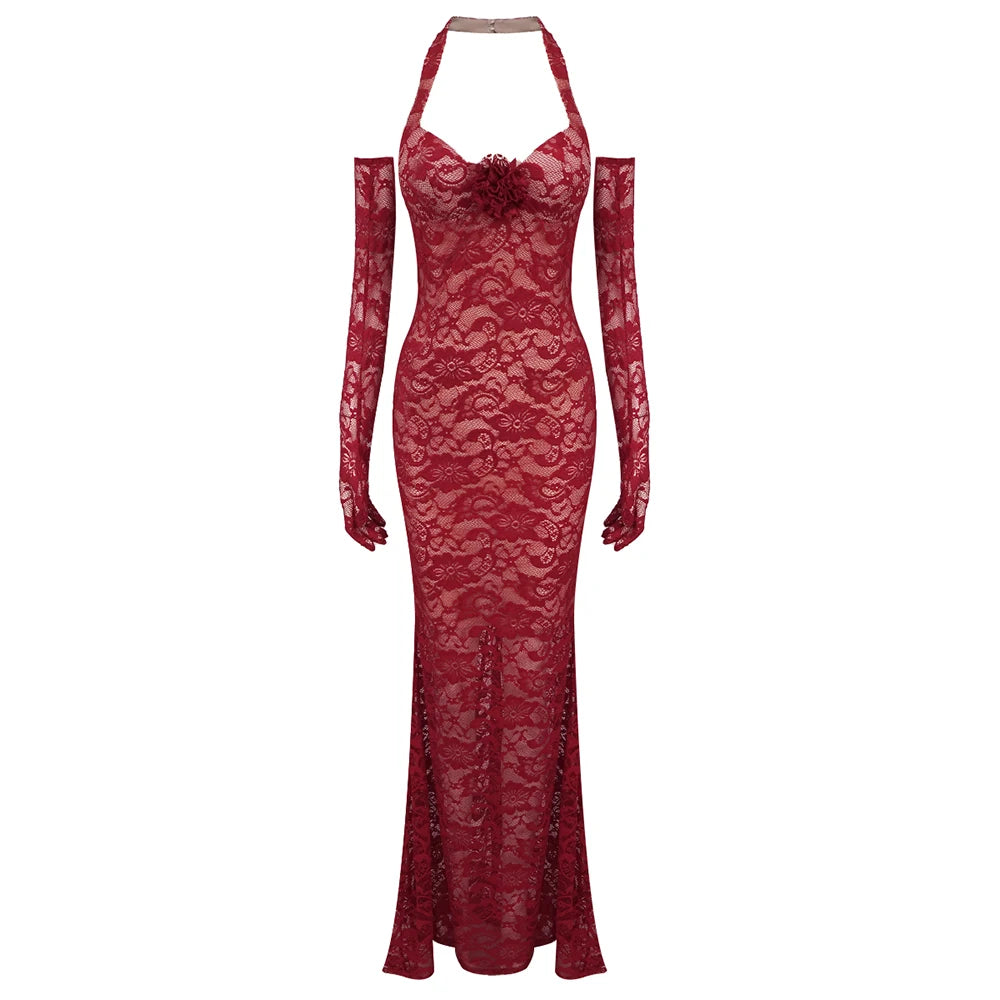 2024 New Floral Embroidery V-neck Halter Dress Slim Mesh Red Long Women Dress Evening Gown