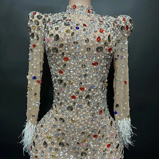 2024 Dropshipping Crystal Pearl Beading Feathers Women Gowns Evening Dresses High End Dress