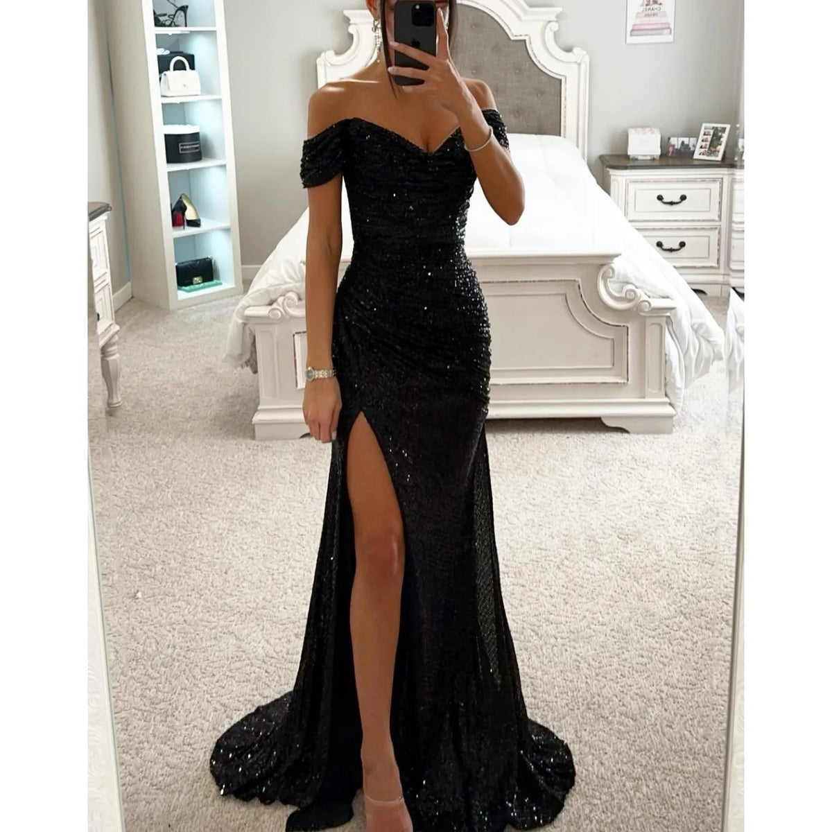 Women's Gold Mermaid Sequined Evening Party Dress Bling Prom Gown Off Shoulder Formal Wear for Summer Seasons Long Dress