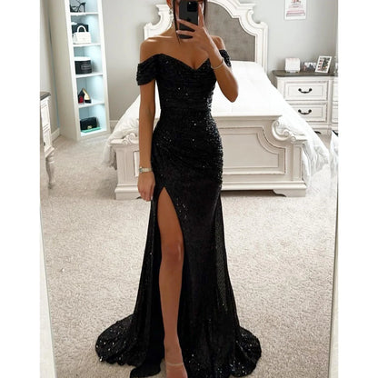 Women's Gold Mermaid Sequined Evening Party Dress Bling Prom Gown Off Shoulder Formal Wear for Summer Seasons Long Dress