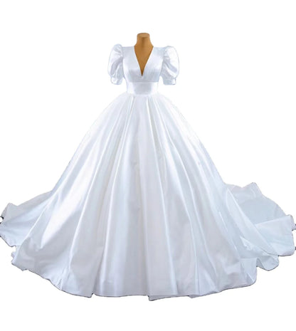 Feishiluo Bride Plus Size Luxury White Bridal A-Line Sweep Train V-neck Puff Sleeve Modern Style Wedding Dress Crystal Lace