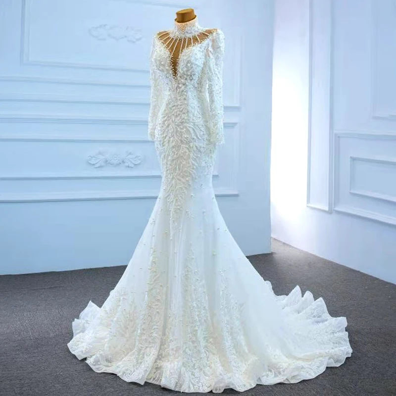 Jancember RSM67219 Luxury White Long Sleeve Mermaid Wedding Dress Bridal Gowns
