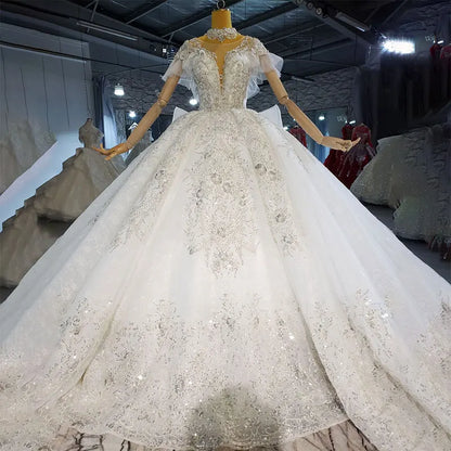 Jancember Htl2267  Bride Elegant and Delicate Lace Diamond Beaded Long Tail Wedding Dress
