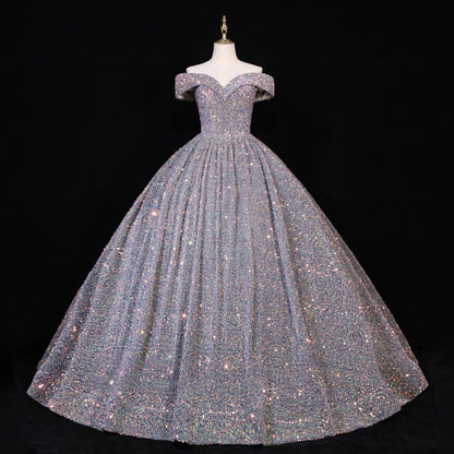 Elegant Modern One-Shoulder Bridal Wedding Dress Lace-up Tutu Skirt Adults Sleeveless Ball Gown Color Changing Sequin Prom Gown