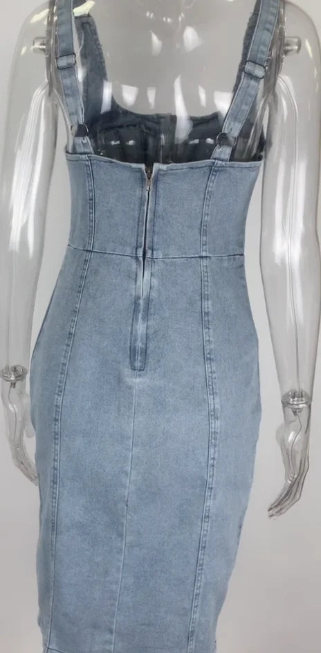 High Waist Skinny Fitted Sleeveless Denim Midi Dress Women Stretchy Patchwork Zipper Casual Bodycon Jean Dresses