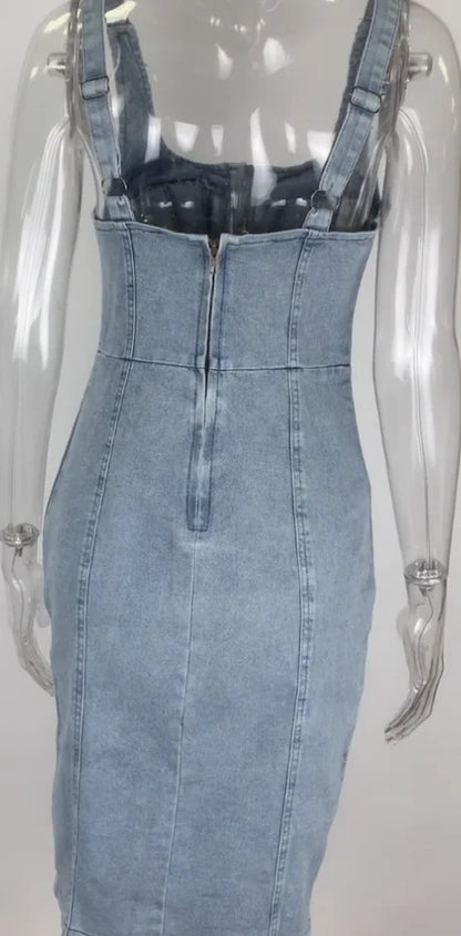 High Waist Skinny Fitted Sleeveless Denim Midi Dress Women Stretchy Patchwork Zipper Casual Bodycon Jean Dresses