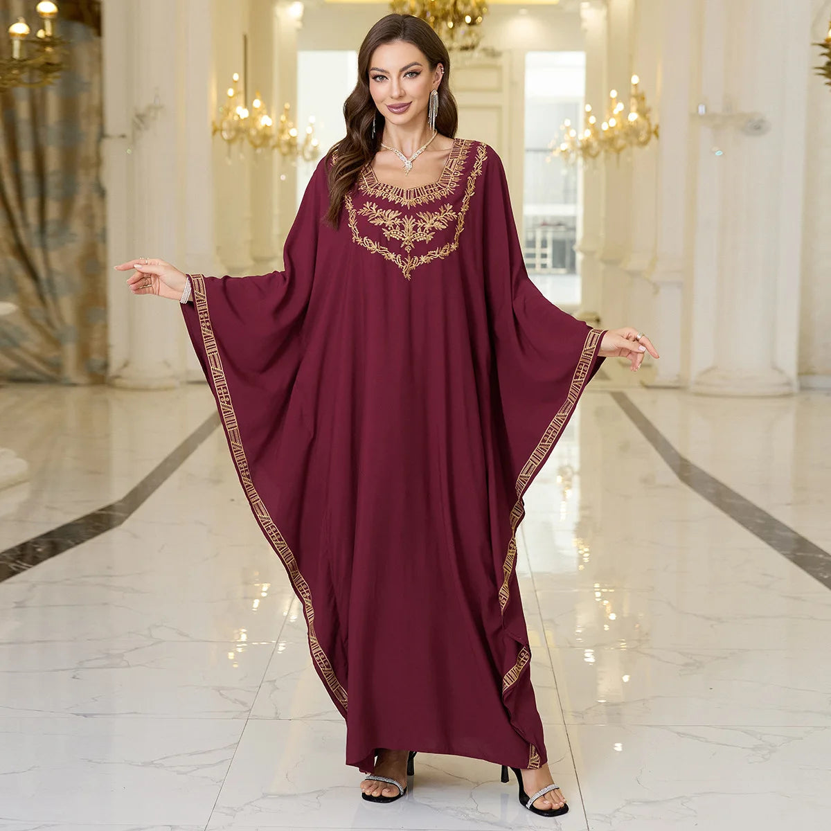 Beach Abaya in Rayon with Gold Embroidery and Batwing Sleeves for Vacation Available on for (24 Colors) L4125