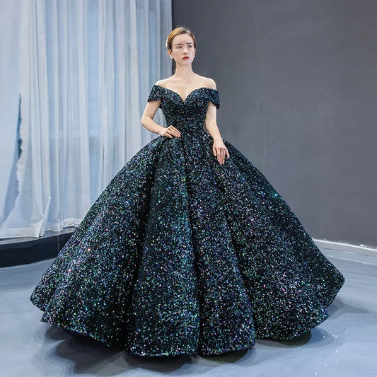 Elegant Modern One-Shoulder Bridal Wedding Dress Lace-up Tutu Skirt Adults Sleeveless Ball Gown Color Changing Sequin Prom Gown