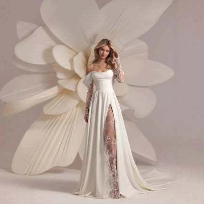 FA325 Lace Long Sleeve Wedding Dresses Off Shoulder A-Line Bridal Gowns Backless Princess Appliques Bride Gown Customized