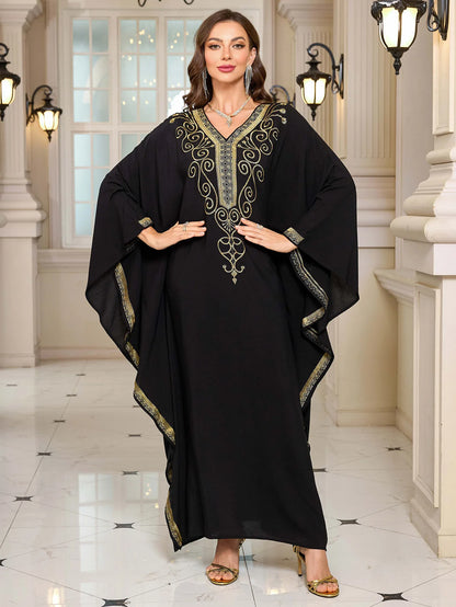 Beach Abaya in Rayon with Gold Embroidery and Batwing Sleeves for Vacation Available on for (24 Colors) L4125