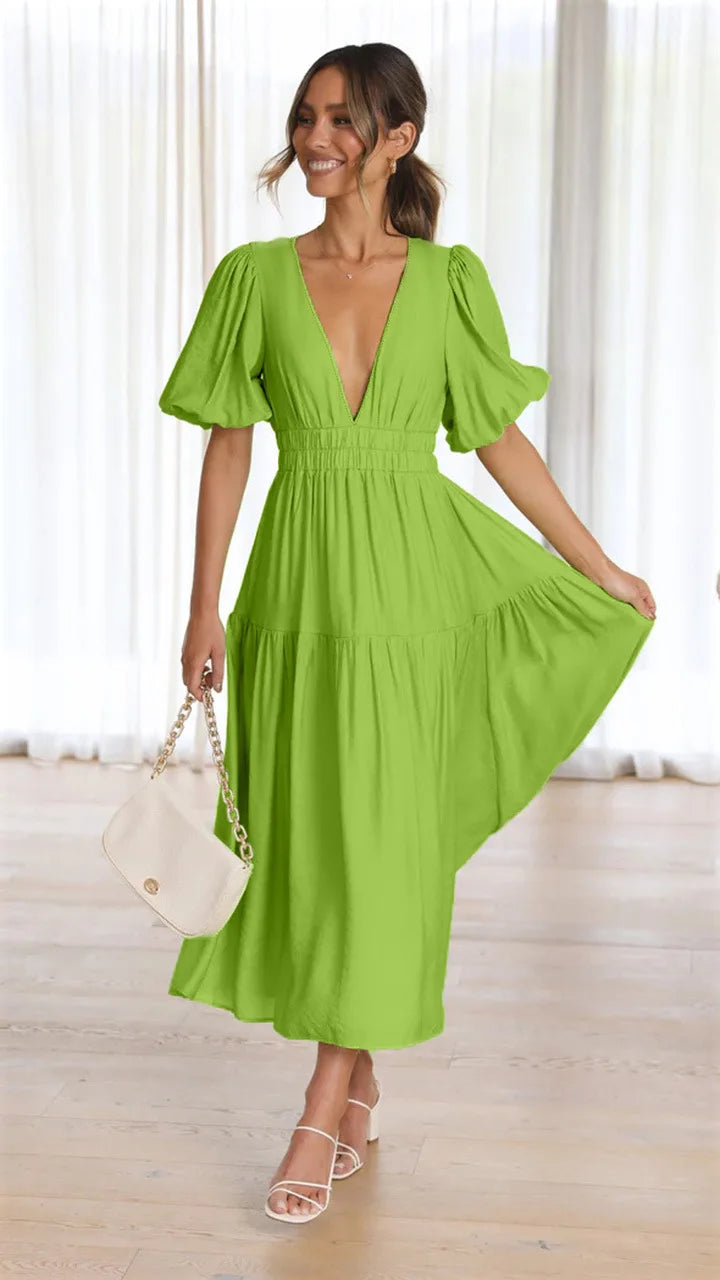Women 2024 Puff Sleeve Deep V Neck Long Dresses Summer for Woman Sexy Green Women's Dress Summer Royal Blue