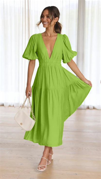 Women 2024 Puff Sleeve Deep V Neck Long Dresses Summer for Woman Sexy Green Women's Dress Summer Royal Blue