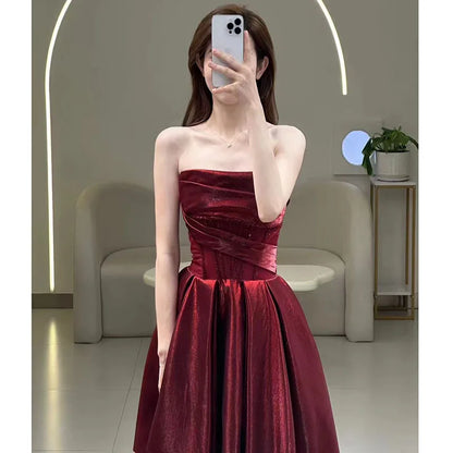 Summer New Red Satin High Quality Silky One Shoulder Sexy Simple Waist Elegant Wedding Dress