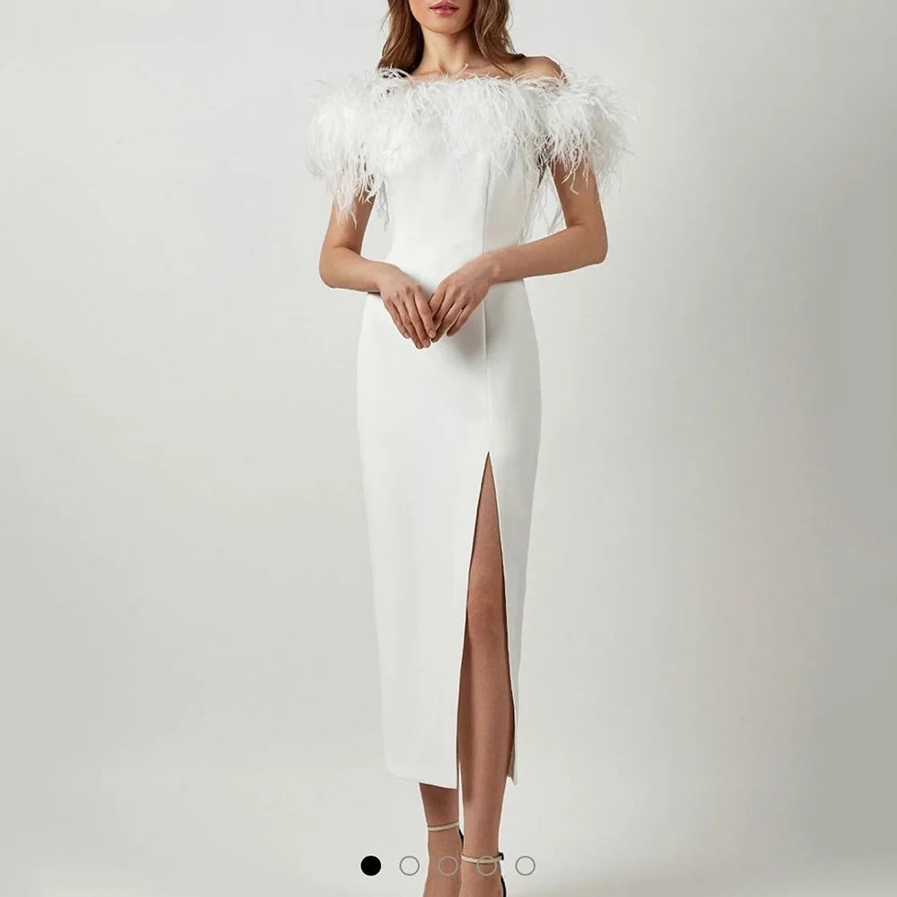 New Multicolor Simple Sleeveless Split Front Sheath Evening Dress With Feathers Prom Party Dress for Plus Size Women Custom Made
