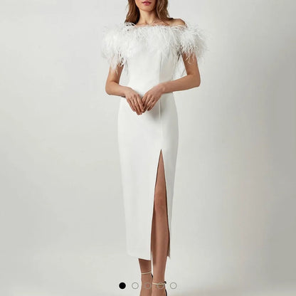 New Multicolor Simple Sleeveless Split Front Sheath Evening Dress With Feathers Prom Party Dress for Plus Size Women Custom Made