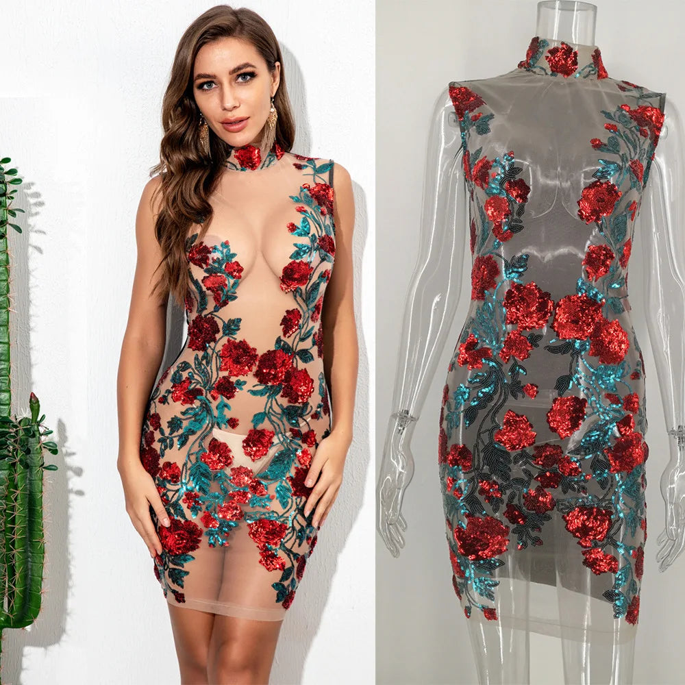 Trendy Women's Midi Bodycon Dress Floral Sequin Lace Sexy Night Club Summer See-Through Transparent Mesh Natural Washable