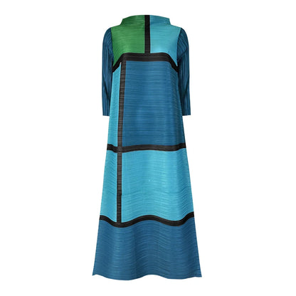 Miyake Pleated New Summer Loose European Contrast Color Women's Casual Long Dress