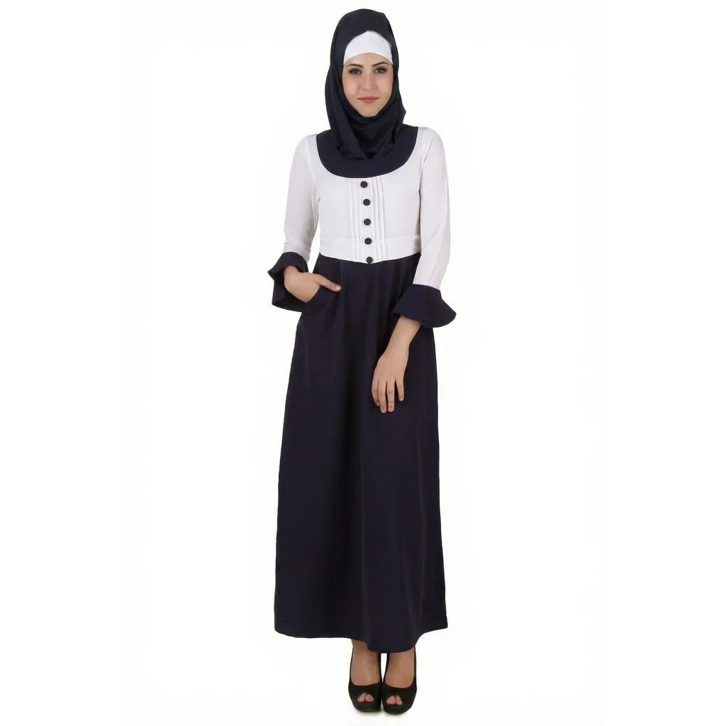 Navy Muslim Maxi Dress Long Sleeve Ruffle Hem Hooded Abaya Casual Wear