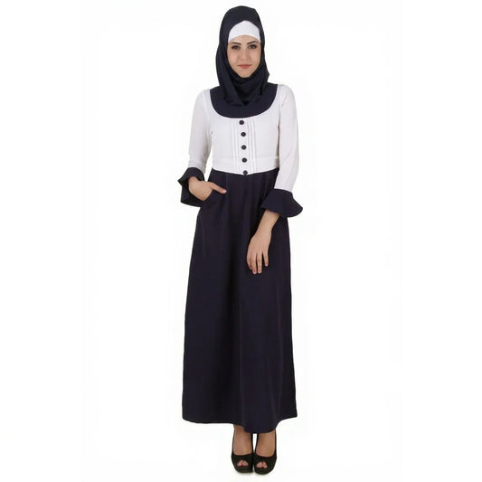 Navy Muslim Maxi Dress Long Sleeve Ruffle Hem Hooded Abaya Casual Wear