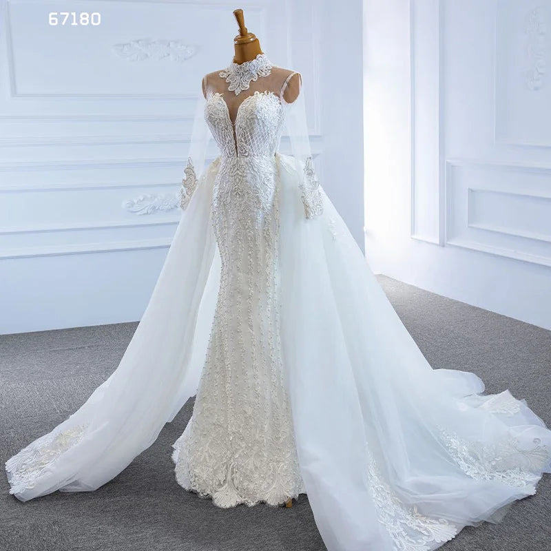 Jancember RSM67180 High Neck Quality Mermaid Lace Long Sleeve Detachable Train Wedding Dress Bridal Dress