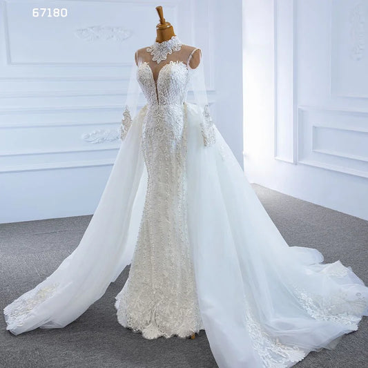 Jancember RSM67180 High Neck Quality Mermaid Lace Long Sleeve Detachable Train Wedding Dress Bridal Dress