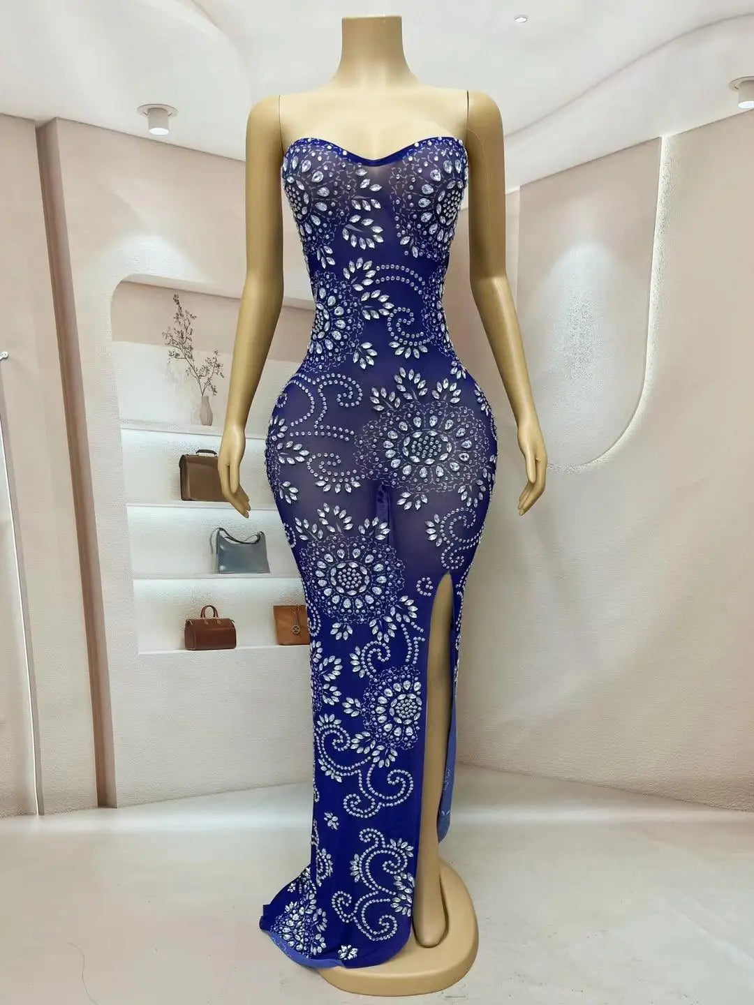 Luxury Boutique Clothing Blue Stones and Crystals See Through Prom Gown Women Strapless Party Maxi Dress Banquet Evening Dress