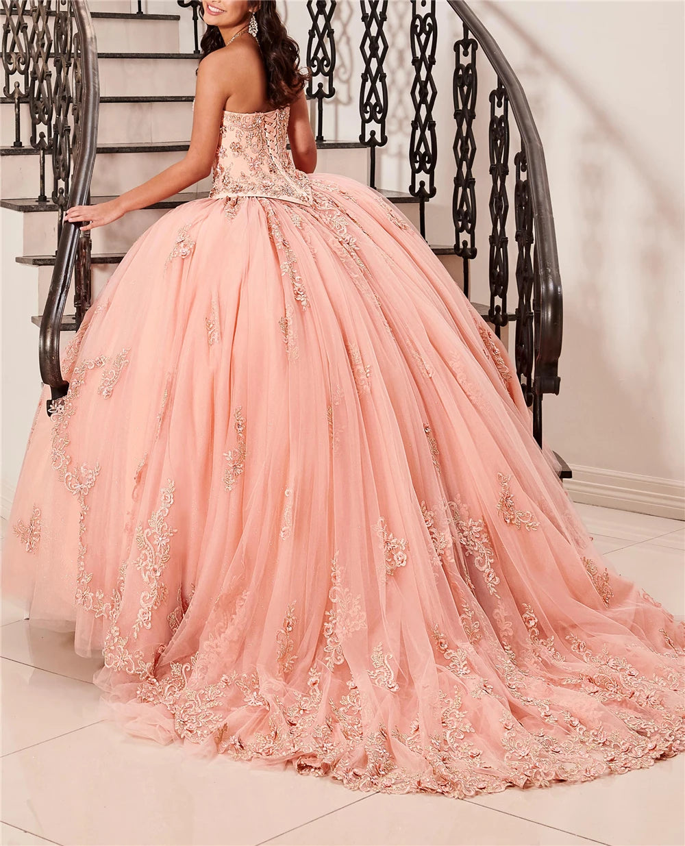 QD1519 Quinceanera Dresses Ball Gown Flowers Tulle Appliques Crystals Court Train Vestido De 15 Anos Lace-Up Sweet 16 Dress