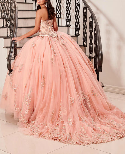 QD1519 Quinceanera Dresses Ball Gown Flowers Tulle Appliques Crystals Court Train Vestido De 15 Anos Lace-Up Sweet 16 Dress