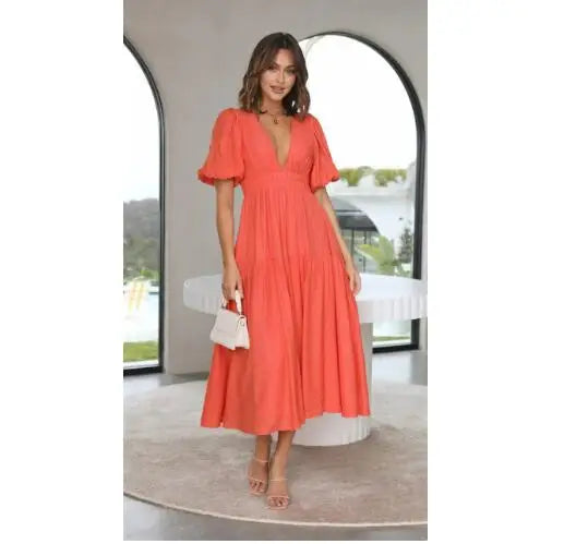 Women 2024 Puff Sleeve Deep V Neck Long Dresses Summer for Woman Sexy Green Women's Dress Summer Royal Blue